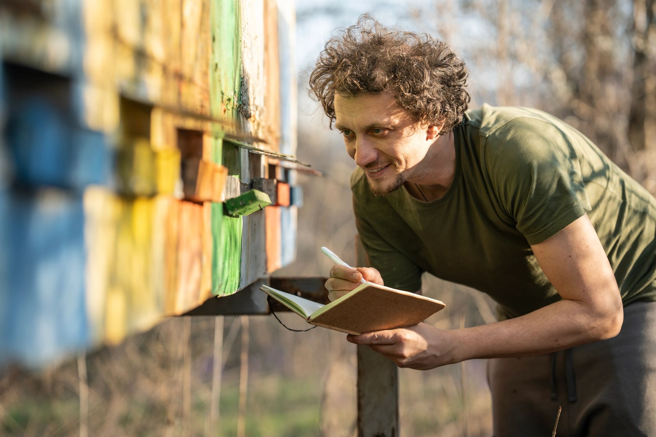 Beekeeper inspecting hives and taking notes